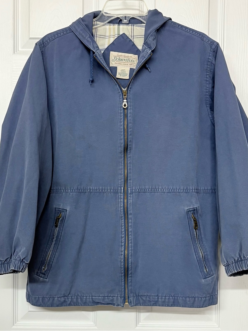 Vintage St. John's Bay Washed Blue Cotton Hooded Chore Jacket Coat Sz SP